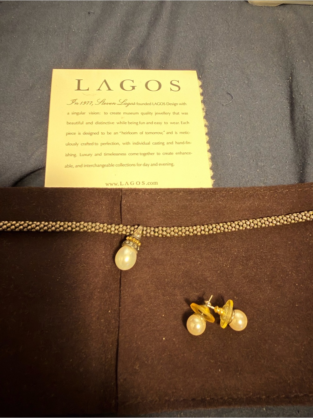 LAGOS Pearl Drop Necklace and Earrings Set in Silver and Gold with Cream Pearls